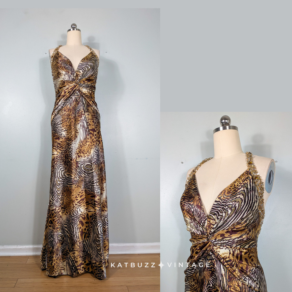 Vintage Faviana Prom Dress Maxi Gown 16 Brown Animal Print Glam Halter Sequins
